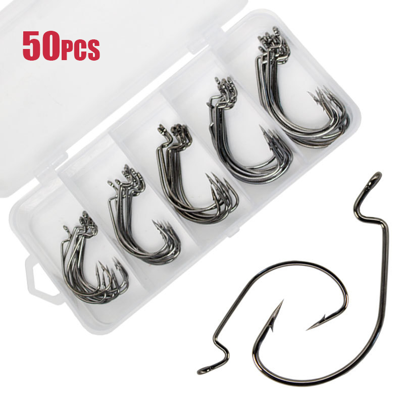 50pcs Wide Worm Hook Carbon St - Fishing Hook Offset ulasan dan harga